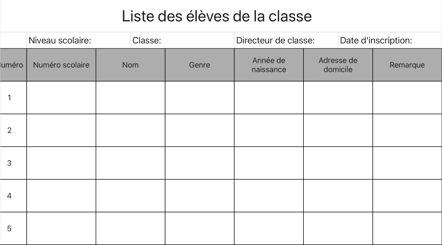 Liste des élèves de la classe